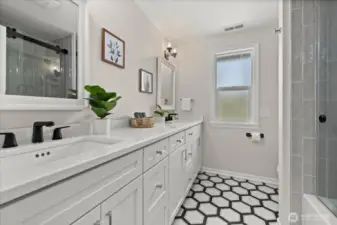 Newly updated guest bathroom! Extra large vanity - amazing counterspace and storage!