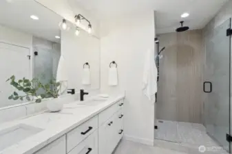 Photos of staged unit, 20313A. Walk-in shower with rain can showerhead and glass enclosure