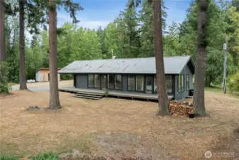 Tucked among the trees, this 2-bedroom cabin features a metal roof, expansive windows, and a front-row seat to nature.