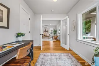 Light-filled office with French doors is the perfect work-from-home environment.