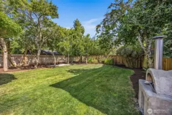 Sprawling fenced yard with established landscape throughout.