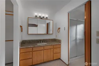 Primary bathroom- shower & toilet to the right. Walk-in closet to the left.