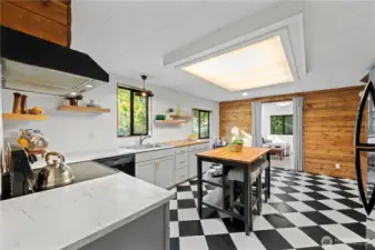 Bright kitchen island with electricity.