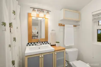 Home #2: Bathroom has shower and custom stained glass window.