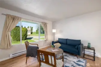 Living room with large window.