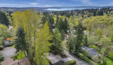 Drone view looking southwest with downtown Kirkland and Lake Washington in view.