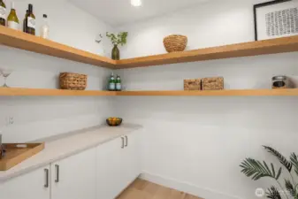 Walk in closet with open shelving and storage