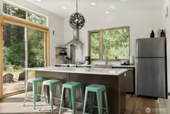 Sleek, modern kitchen with stainless steel appliances, quartz countertops, and large picture windows overlooking the forested setting.