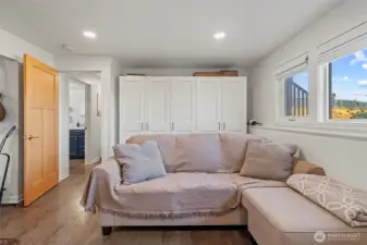 Looking toward the closet space in the lower level bonus/family room