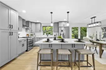 Chef inspered Kitchen with Quartz topped island for eating and work space.