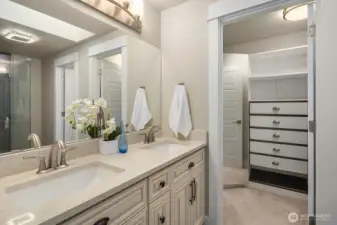 Primary bathroom with walk-in closet.