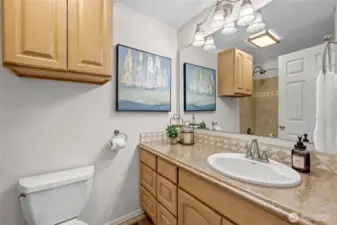 Full bath off main hallway for the two bedrooms and your guests.