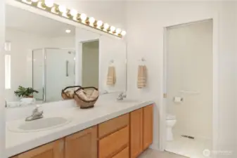 Shower, tub, double sinks