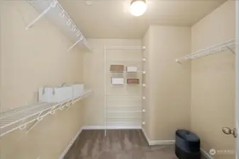 Spacious walk-in closet with ample racks and storage options.