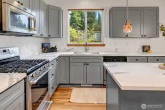 NEW Kitchen!  Gray Shakers cabinets and quartz countertops.