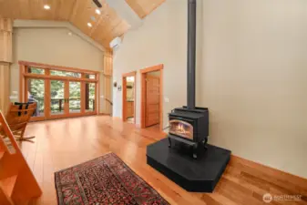 Cozy, warm wood burning stove is perfect for cold winter nights.