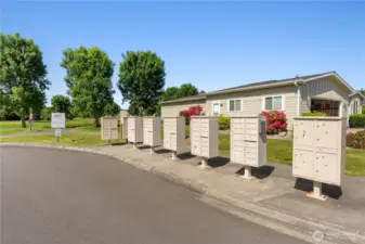 Convenient and secure community mailbox hub in Lakeview Meadows, a vibrant 55+ neighborhood in Lacey, WA. Surrounded by beautifully landscaped grounds and just steps from nearby homes, this setup ensures easy daily access for residents.