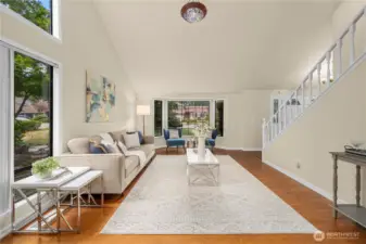 High vaulted ceilings and large windows give the home a light and bright feeling.