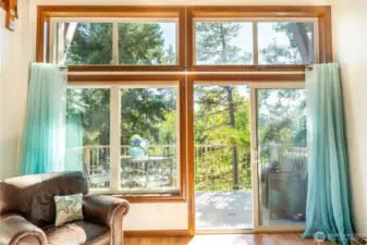 Sliders lead to the back deck with filtered sunlight.
