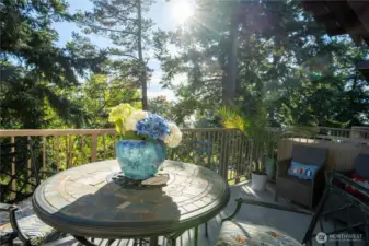 Back deck with table for four and then additonal seating to the right.  Partial view of the Bay shown here through the midst of the trees.
