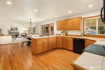 Kitchen and family room. Newly refinished hardwood floors. A/C.