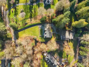 Aerial photo of property. There are two access points, so easy access for trailers or RV's. (No need to turn around!) Front access from W. Lake Joy Dr and back access (gated) to shop from 344th Ave NE.