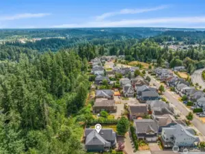 Aerial views showcase the large lot and quiet neighborhood.