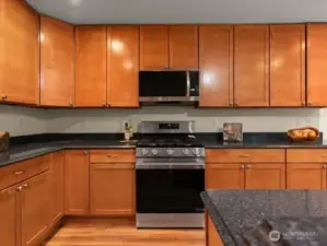 Chefs' kitchen with all new appliances, granite countertops and wood cabinets in a warm tone creating comforting kitchen atmosphere