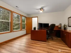 Ease of work environment from home office, off primary suite, offering tranquil views of backyard and wooded greenbelt area