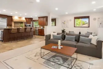 Kitchen is open to massive living room