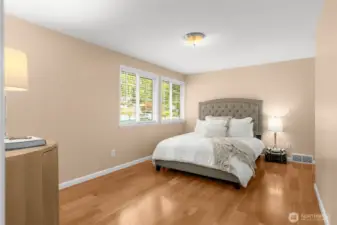 Queen or a King? Take your pick. Room layout can be reversed or bed placed on the window wall.