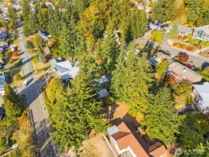 Expansive aerial perspective displaying nearby homes and greenery.