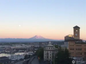 Sunset glowing on Rainier with the moon looking on.