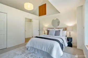 A double closet and room for plants or storage in the loft area.