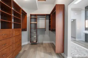 Large primary walk-in closet with auto light switch and quality shelving. ADA accessible.