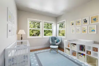 One of 3 2nd level bedrooms - original polished hardwood floors.  Virtually staged to show possibilities.