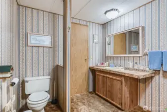Primary bath features an extended vanity and plenty of counter space