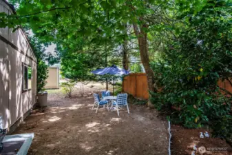 Shaded backyard with mature trees provides a low-maintenance retreat and great play area.