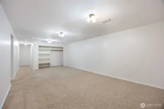Basement large family room has build in storage.
