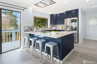 New kitchen with beautiful navy cabinets, quartz, designer tile, induction range, special vent hood flush to the ceiling and coffee bar!