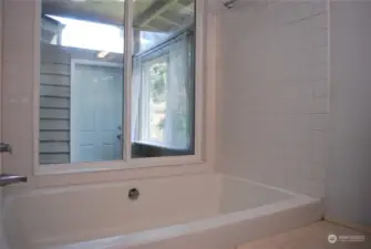 Soaker tub and shower overlook the atrium in the primary suite.