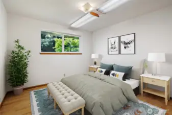3rd Bedroom off the main hallway - Original hardwood floors. Virtually staged to show you the space.