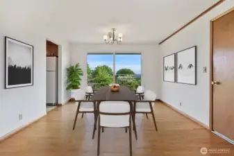 Dining area off living room with large slider to backyard patio & expansive Mt. Rainier Views!