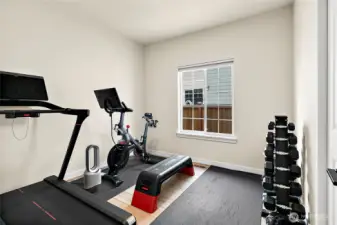 One of the three main-floor bedrooms is currently used as a gym, but it could easily serve as a home office, playroom, or versatile flex space.