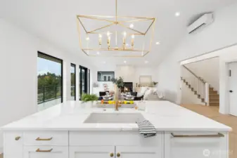 Quartz island looking into sitting area of Great Room.