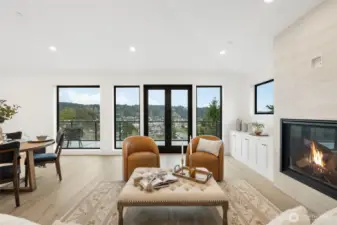 Great room is spacious but has a cozy feel on winter days with fireplace.