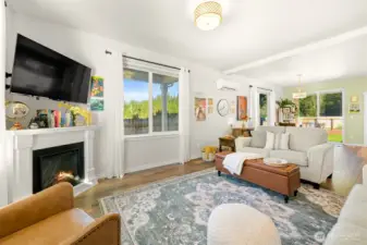 The corner fireplace is perfect for cozy snowy evenings.