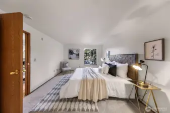 Large primary bedroom with new plush carpet.