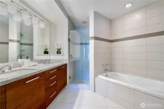 Master bathroom with glass-enclosed shower and deep soaking tub.