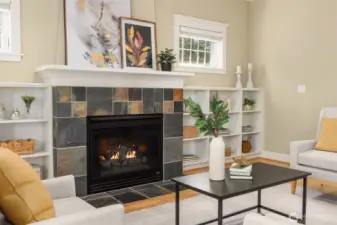 A cozy fireplace sets the tone.